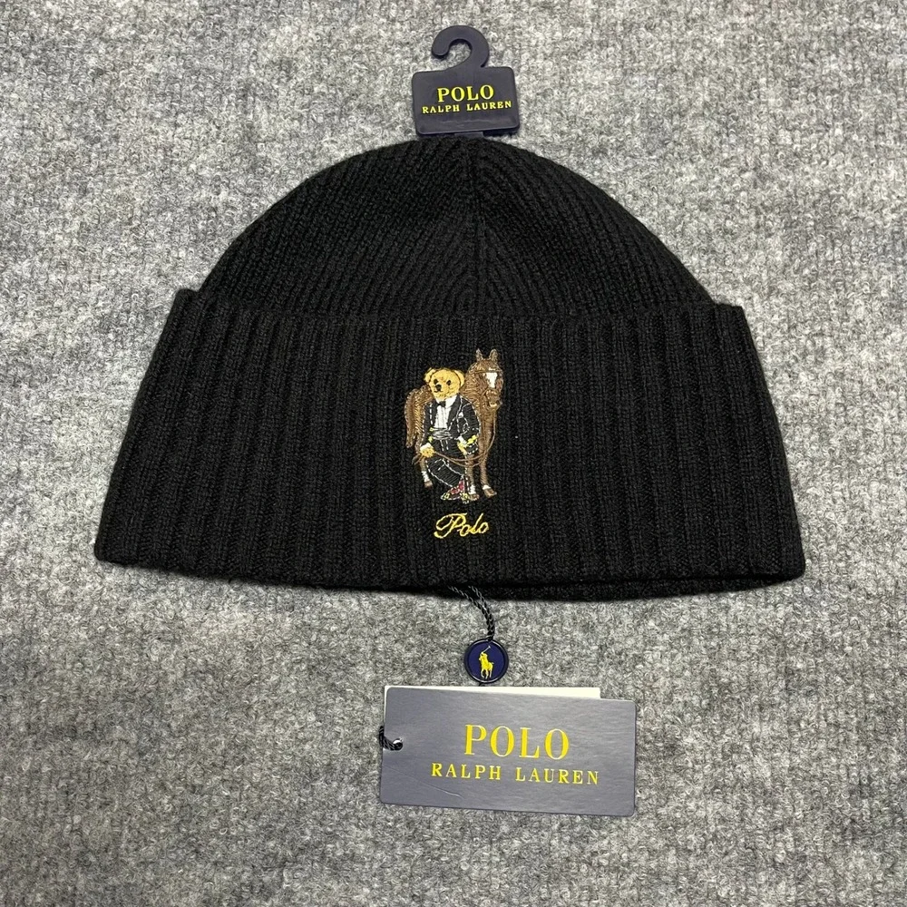 Polo Ralph Lauren Beanie Black Polo Bear Horse Hat Lunar New Year Wool Ribbed